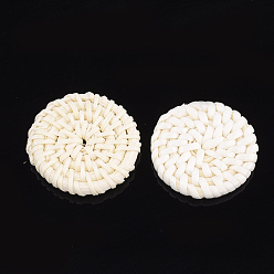 Lemon Chiffon Handmade Reed Cane/Rattan Woven Beads, For Making Straw Earrings and Necklaces, No Hole/Undrilled, Flat Round, Lemon Chiffon, 35~37x5~6mm
