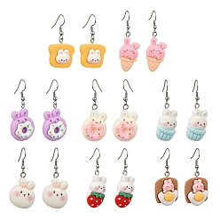 Mixed Color 8 Pairs 8 Style Rabbit Resin Dangle Earrings, with 304 Stainless Steel Earrings Pins, Mixed Color, 43~52x16~22mm, 1 Pair/style