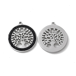 Jet 201 Stainless Steel Rhinestone Pendants, Flat Round with Tree of Life Pattern Charms, Jet, 16.5x15x1.5mm, Hole: 0.9mm