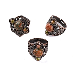 Унакит Натуральные кольца на палец в стиле ретро из унакита, регулируемые латунные кольца для женщин, 25.5 мм, внутренний диаметр: 19 мм