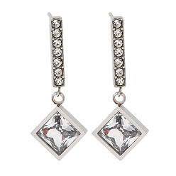 Нержавеющая Сталь Цвет Серьги-гвоздики из нержавеющей стали со стразами и прозрачными кубическими цирконами для женщин, ромб, цвет нержавеющей стали, 32x12.5 мм