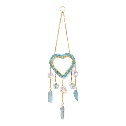 Dark Cyan Heart Quartz Crystal Dyed Hanging Suncatcher Pendant Decoration, Crystal Ball Prism Pendants, with Brass & Iron Findings, Dark Cyan, 300mm