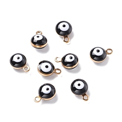 Черный Латунь прелести, с двусторонней эмалью, долговечный, реальный 18 k позолоченный, плоский круглый с оберегами от сглаза, чёрные, 9x6.5x4 мм, отверстие : 1.2 мм