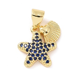 Medium Blue Brass Micro Pave Cubic Zirconia Charms, Starfish with Shell Shape Charm, Real 18K Gold Plated, Medium Blue, 13.5x13x2.5mm, Hole: 3x4mm