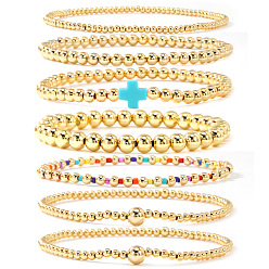Голубой 7 шт. латунные круглые браслеты с бусинами для женщин, с пластиковыми крестообразными бусинами, золотые, голубой, 6.50 дюйм (16.5 см) ~ 6.89 дюйм (17.5 см)
