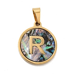 Letter R Vacuum Plating 304 Stainless Steel with Paua Shell Pendants, Golden, Flat Round with Letter Charm, Letter.R, 18x16x1.5mm, Hole: 3x6mm