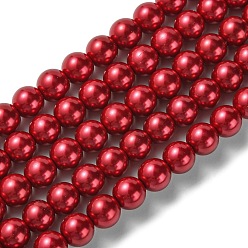 Crimson Eco-Friendly Glass Pearl Beads Strands, Grade A, Round, Dyed, Cotton Cord Threaded, Crimson, 8mm, Hole: 1.2~1.5mm, about 52pcs/strand, 15.7 inch
