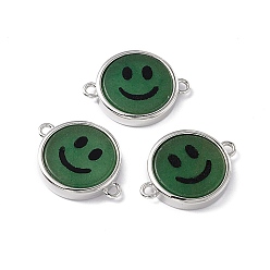 Green Aventurine Natural Green Aventurine Connector Charms, Flat Round with Smiling Face Links, with Rack Plating Platinum Tone Brass Findings, Cadmium Free & Lead Free, 15.5x20x3mm, Hole: 1.6mm