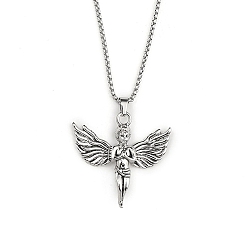 Antique Silver & Stainless Steel Color 201 Stainless Steel Chain, Zinc Alloy Pendant Necklaces, Angel, Antique Silver & Stainless Steel Color, 23.46 inch(59.6cm)