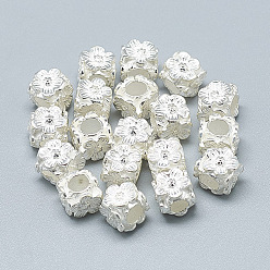 Silver 925 Sterling Silver European Beads, Large Hole Beads, Cube with Flower, Silver, 7x8x8mm, Hole: 4mm