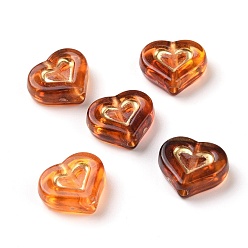 Chocolate Acrylic Beads, Imitation Amber, Golden Metal Enlaced, Heart, Chocolate, 12.5x14.7x5mm, Hole: 1.8mm, about 750pcs/500g
