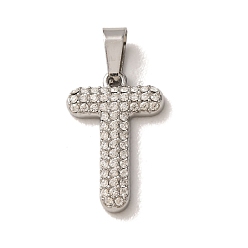 Letter T 304 Stainless Steel Micro Pave Clear Cubic Zirconia Pendants, Letter Charms, Stainless Steel Color, Letter T, 18x12x2.5mm, Hole: 6x2.5mm