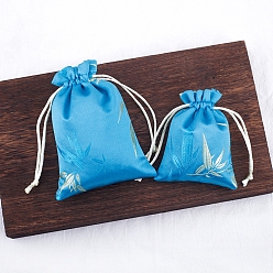 Deep Sky Blue Silk Embroidery Leaf Storage Bags, Drawstring Pouches Packaging Bag, Rectangle, Deep Sky Blue, 14x10cm