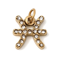 Рыбы 304 прелести нержавеющей стали, со стразами, ионное покрытие (ip), золотые, Рыбы, 9.5x9.5x2.5 мм, Перейти кольцо: 4x0.8 мм, внутренний диаметр: 3 мм