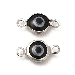 Black 304 Stainless Steel Connector Charms, Flat Round Links with Evil Eye Pattern, with Glass Enamel, Stainless Steel Color, Black, 13x6.5x2.5mm, Hole: 1.5mm