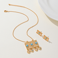 Золотой Комплект из серег-гвоздиков и ожерелий с подвесками из синтетической бирюзы для женщин, комплекты ювелирных изделий из латуни, прямоугольник и сердце, золотые