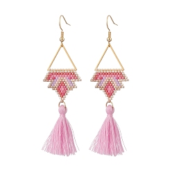 Pearl Pink Glass Seed Braided Crown Dangle Earrings, with Cotton Tassels, Golden 304 Stainless Steel Triangle Jewelry for Women, Pearl Pink, 80mm, Pin: 0.7mm