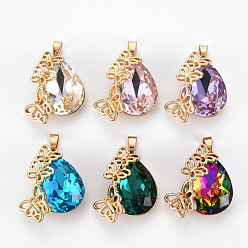 Mixed Color Glass Pendants, with Light Gold Tone Brass Findings, Long-Lasting Plated, Faceted, Teardrop, Mixed Color, 21x19.5x8mm, Hole: 3x5mm