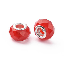 Red Resin European Beads, Large Hole Beads, with Silver Tone Brass Double Cores, Faceted, Rondelle, Red, 14x9mm, Hole: 5mm