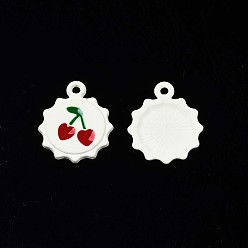 White Spray Painted Alloy Pendants, with Enamel, Cadmium Free & Lead Free, Sun with Cherry, White, 18x15x1.5mm, Hole: 1.6mm