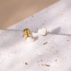 White Heart Stainless Steel Stud Earring, with Enamel, Real 18K Gold Plated, White, 6x6mm