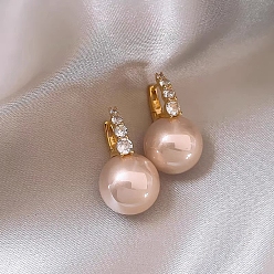 Golden Alloy Rhinestone Hoop Earrings, Pink Plastic Pearl Beads Earrings with 925 Sterling Silver Pins, Golden, 50x50mm