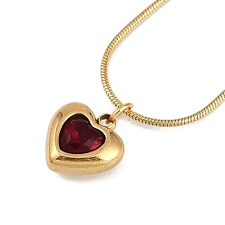 Темно-Красный Вакуумное покрытие pvd 304 кулон в форме сердца из нержавеющей стали с кубическим цирконием, ожерелья в виде круглой змеиной цепи для женщин, золотые, темно-красный, 17.72~17.91 дюйм (45~45.5 см)