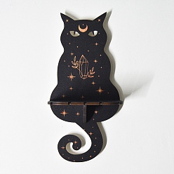 Cat Shape Wooden Crystal Shelf Jewelry Candlestick Display Stand, Wall Mounted Decorations, with Snap Fastener, for Home Room Wall Decor, Cat Pattern, 30x14x9cm