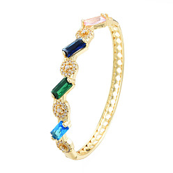 Colorful Cubic Zirconia Rectangle & Evil Eye Hinged Bangle, Real 18K Gold Plated Brass Jewelry for Women, Colorful, Inner Diameter: 2x2-1/2 inch(5x6.2cm)