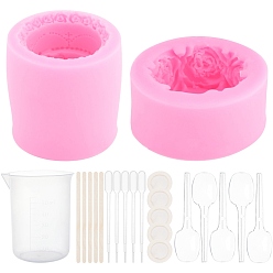 Rosa Caliente Kits de moldes de fondant de pastel de múltiples capas de bricolaje, incluyendo palitos de madera para manualidades, pipetas de plástico, cunas de látex, taza medidora de plástico, cucharas de plastico, color de rosa caliente, 70x33 mm, diámetro interior: 43.5x51 mm, 1 pc