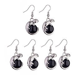 Obsidian Natural Obsidian Chameleon Dangle Earrings with Crystal Rhinestone, Platinum Brass Jewelry for Women, 39mm, Pin: 0.7mm