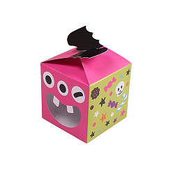 Fuchsia Foldable Square Halloween Paper Candy Treat Gift Boxes, with Visible Window, for Party Favors, Fuchsia, 7x7x7cm