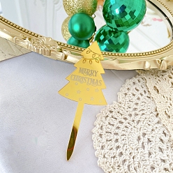 Gold Christmas Acrylic Cake Toppers, Cake Decoration Supplies, Christmas Tree with Word Merry Christmas, Gold, 110x45mm