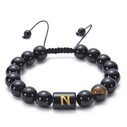 Letter N Pulseras ajustables para mujer con cuentas redondas trenzadas de ónix negro natural (teñido y tratado térmicamente) y ojo de tigre, con letras del alfabeto., letra n, 10 pulgada (7.00 cm) ~ 17.78 pulgada (11.50 cm)