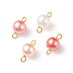 Light Salmon Glass Imitation Pearl Connector Charms, with Golden Plated Double Iron Loops, Round, Light Salmon, 14x7.5mm, Hole: 1.8mm and 2.5mm