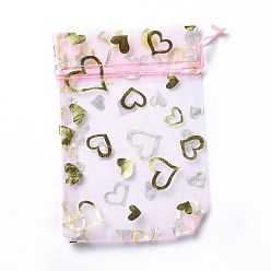Pink Pochettes à bijoux en organza avec cordon de serrage, sacs-cadeaux de fête de mariage, rectangle avec motif coeur estampé or, rose, 15x10x0.11 cm