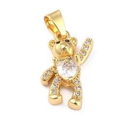 Прозрачный Латунные подвески с фианитами, долговечный, реальный 18 k позолоченный, медведь, прозрачные, 17x11x4 мм, отверстие : 3.5x4 мм