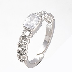 Clear Adjustable Brass Micro Pave Cubic Zirconia Cuff Rings, Open Rings, Long-Lasting Plated, Rectangle, Platinum, Clear, US Size 6(16.5mm)