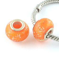 Orange Foncé Lueur dans l'obscurité à la main lampwork style lumineux grand trou perles européennes, avec des noyaux de laiton de ton argent, rondelle, orange foncé, 14x9~10mm, Trou: 5mm