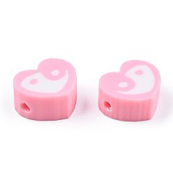 Pink Handmade Polymer Clay Beads, Heart with Yin Yang, Pink, 8.5x9.5x4.5mm, Hole: 1.5mm
