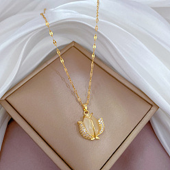 J109 titanium steel chain copper pendant Cat Eye Tulip Pendant Necklace in Genuine Gold - Elegant, Delicate, Lucky Charm