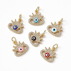Mixed Color Rack Plating Brass Enamel Cubic Zirconia Charms, Crown with Evil Eye Charm, with Jump Ring, Long-Lasting Plated, Real 18K Gold Plated, Lead Free & Cadmium Free, Mixed Color, 15x15x3.6mm, Hole: 4mm