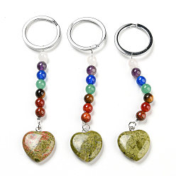 Unakite Natural Unakite Heart Pendant Keychain, with 7 Chakra Gemstone Beads and Platinum Tone Brass Findings, 10cm