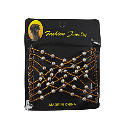 Verge D'or Foncé Fabricant de pain de cheveux en acier, peigne double élastique, avec des perles de verre et des billes de plastique plaquées abs, verge d'or noir, 75x85mm