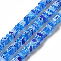 Dodger Blue Handmade Millefiori Glass Beads Strands, Cuboid, Dodger Blue, 5~6x4x3.5~4mm, Hole: 1mm, about 64pcs/strand, 14.88''(37.8cm)