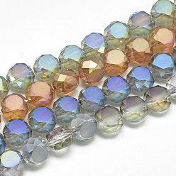 Mixed Color Frosted Electroplate Glass Beads Strands, Rainbow Plated, Faceted, Flat Round, Mixed Color, 14x9~10mm, Hole: 2mm, about 50pcs/25.3 inch