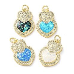 Mixed Color Valentine's Day Brass Micro Pave Clear Cubic Zirconia Pendants, with Synthetic Opal, Real 18K Gold Plated, Heart Charms, Mixed Color, 19.5x13.5x3.5mm, Hole: 3.5mm