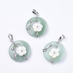 Green Aventurine Natural Green Aventurine Pendants, with Shell, Rhinestone and Platinum Tone Brass Findings, Flat Round with Flower, 35.5~36x28x8mm, Hole: 5x8mm