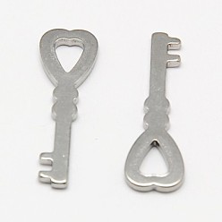 Stainless Steel Color 304 Stainless Steel Pendants, Key with Heart, Stainless Steel Color, 30x9x2mm, Hole: 4x6mm
