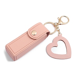 Pink PU Leather Lipstick Storage Bags, Portable Lip Balm Organizer Holder for Women Ladies, with Light Gold Tone Alloy Keychain and Mirror, Heart, Pink, 9x2.5cm